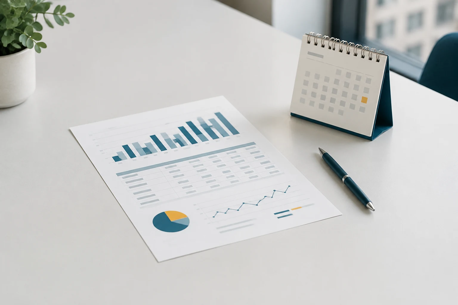 Printed annual budget sheet beside a desk calendar