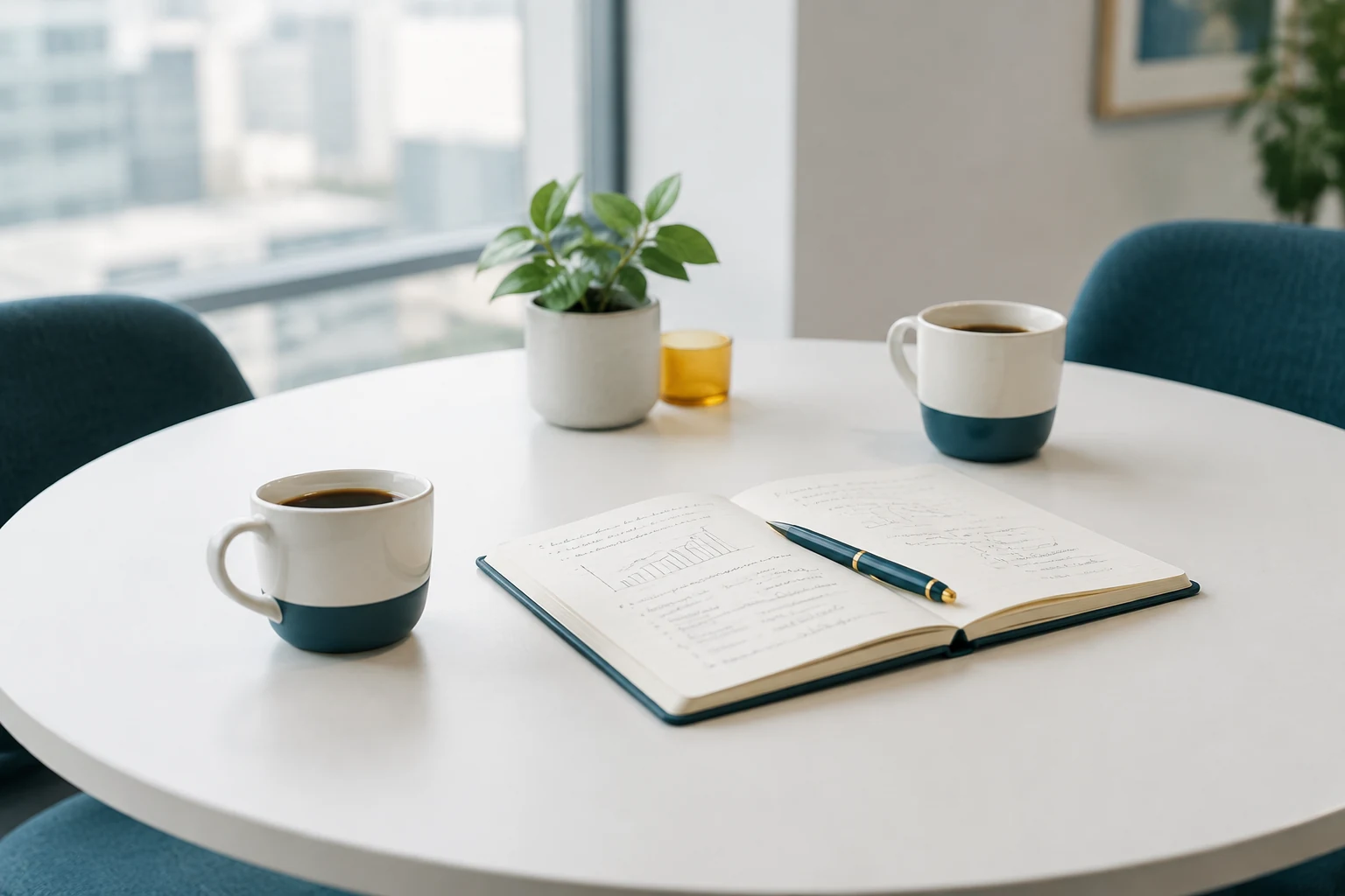 Two coffee cups and an open notebook on a meeting table