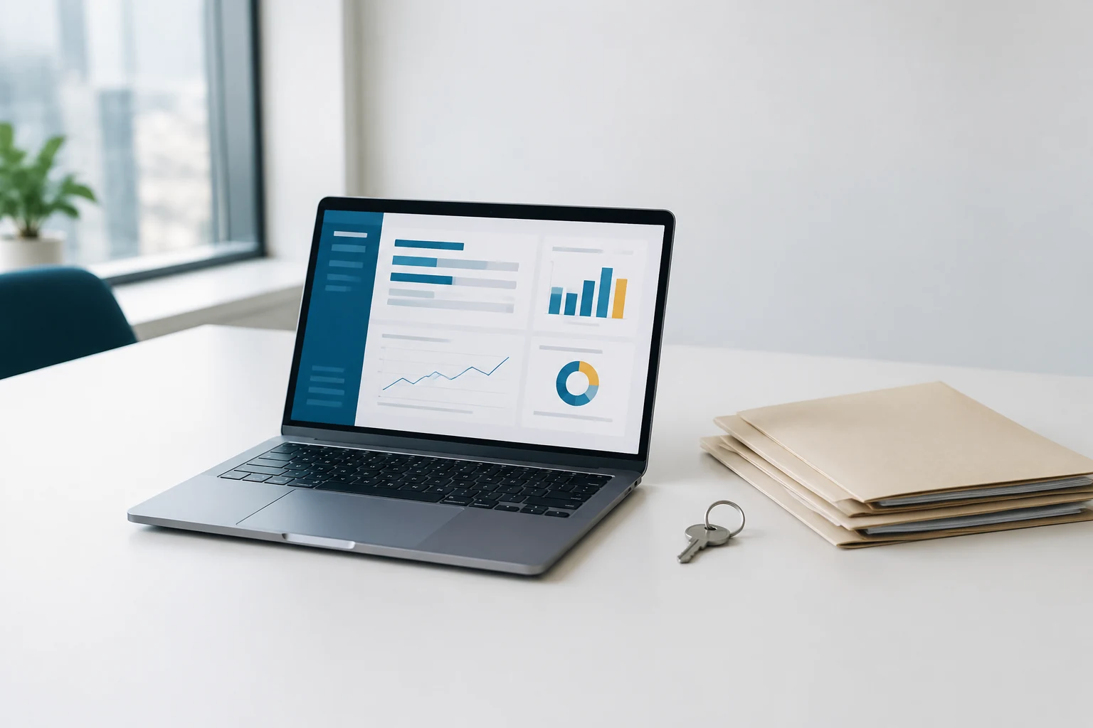 Laptop with a ledger layout beside plain folders and a key