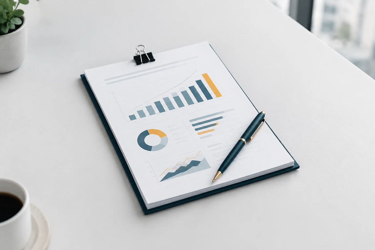 Clipped presentation document with growth charts and a pen