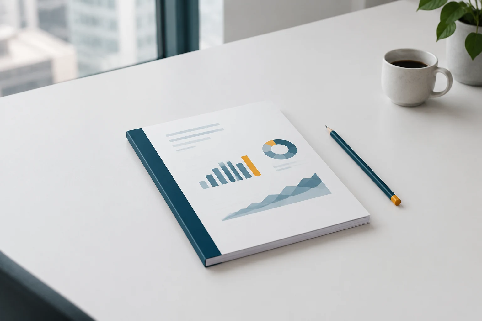 Bound monthly management reporting pack with a pencil