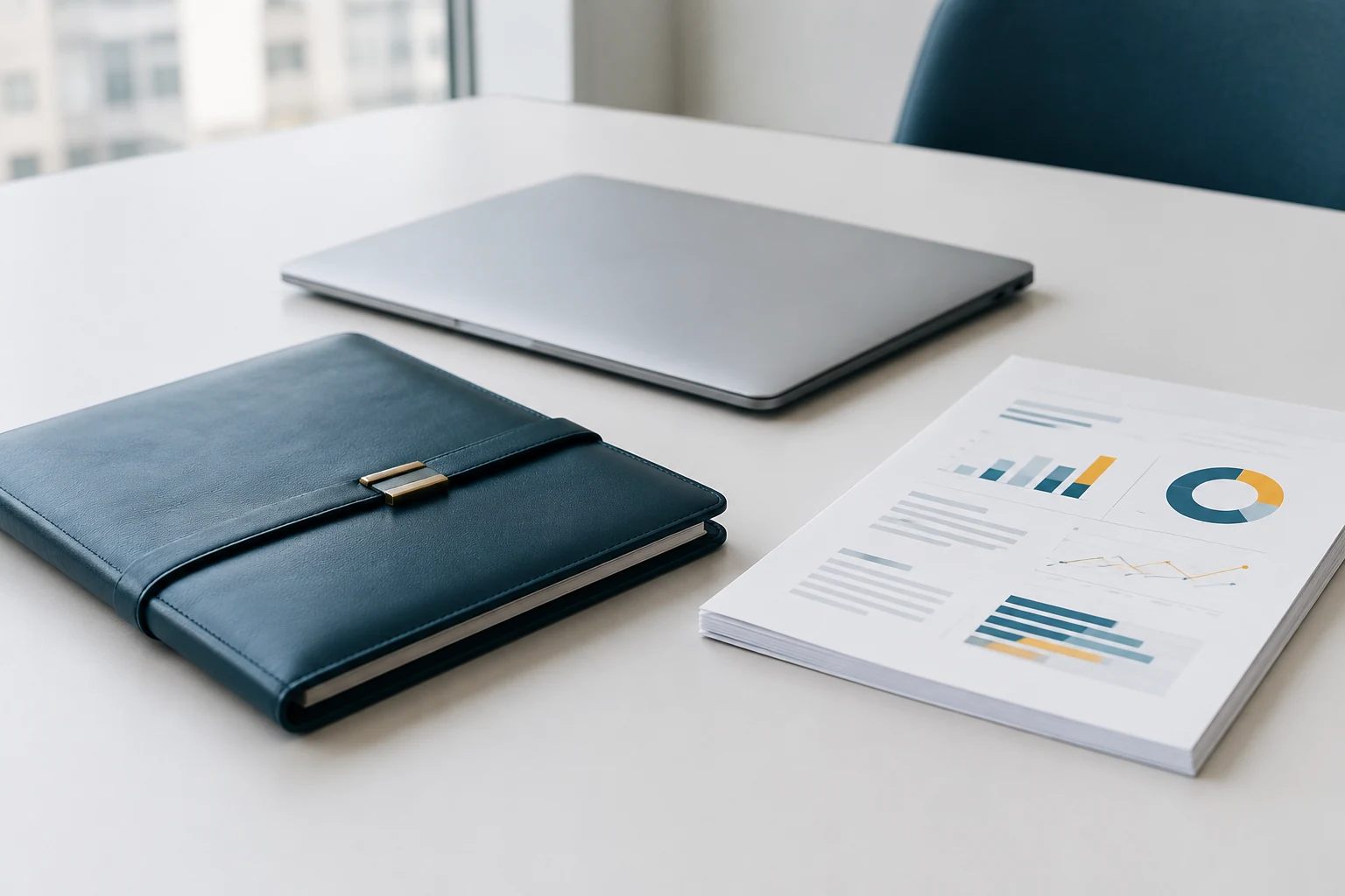 Document folder, laptop and printed board pack on a table
