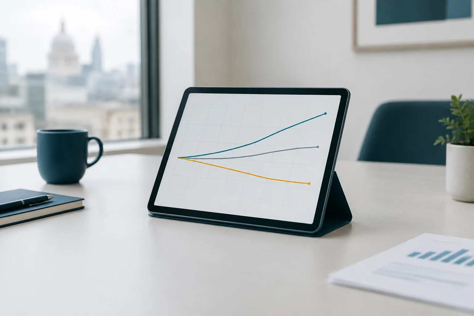 Tablet displaying three diverging forecast lines