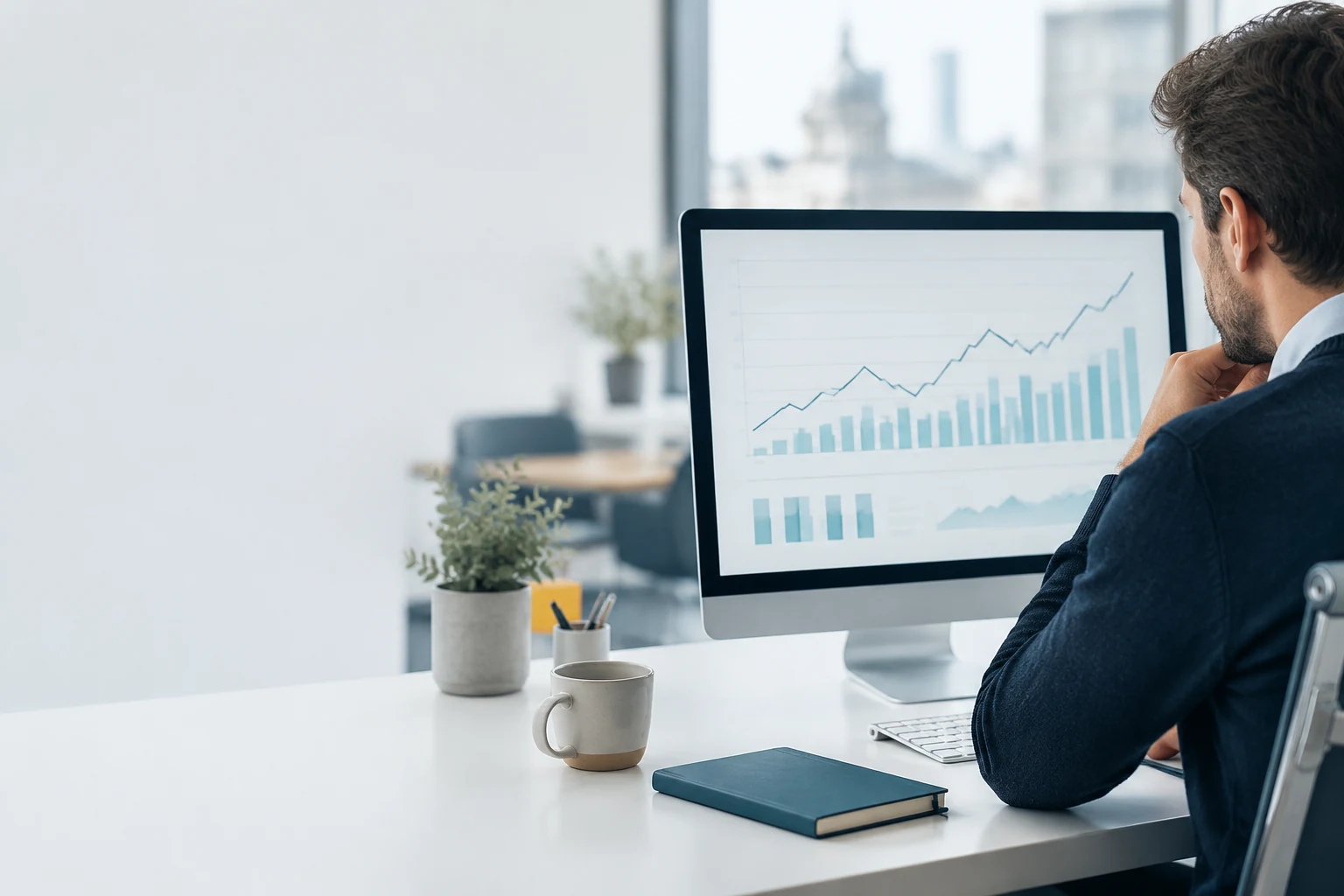 Monitor showing a weekly cash flow chart on an office desk