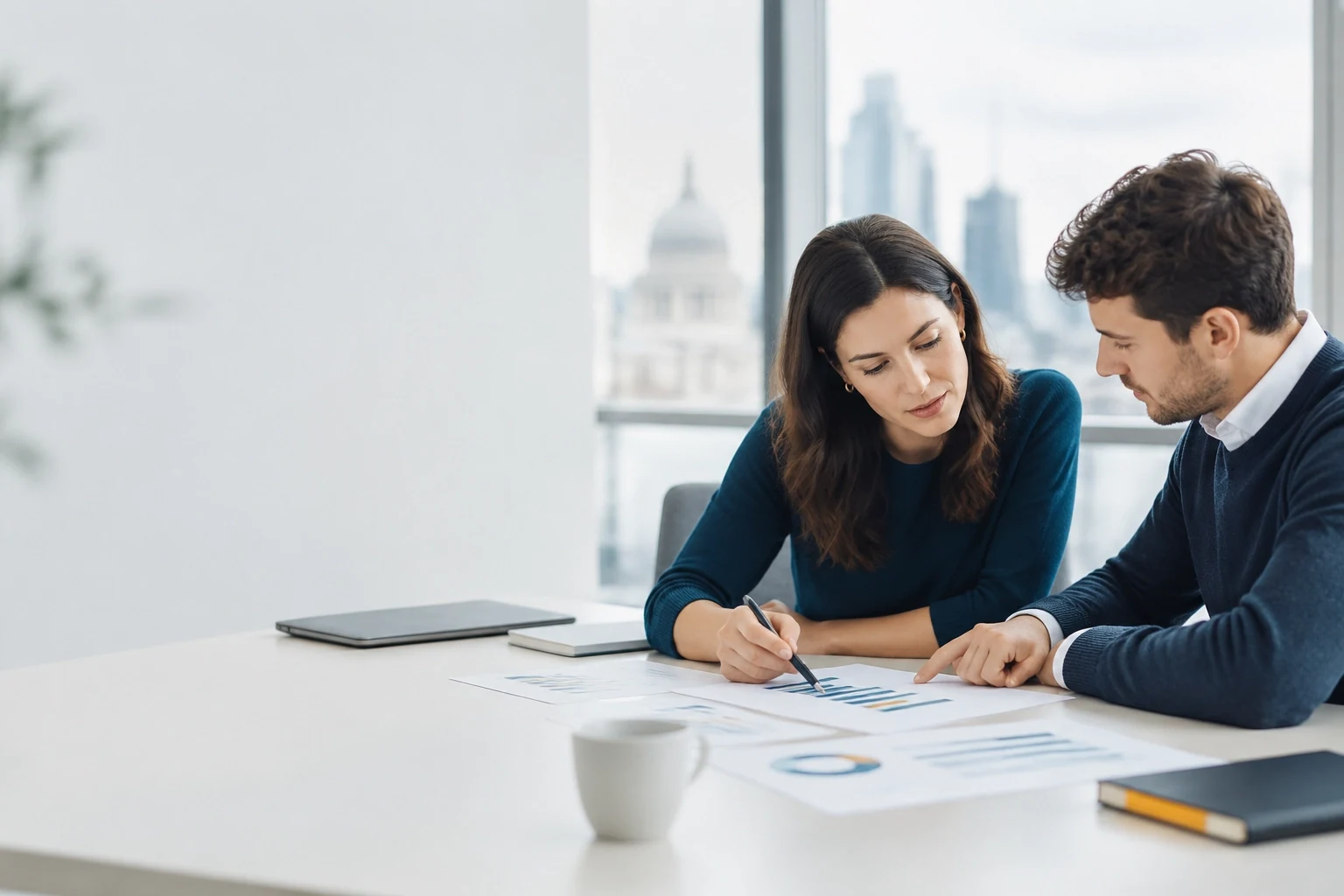 Two colleagues reviewing printed financial charts at a meeting table