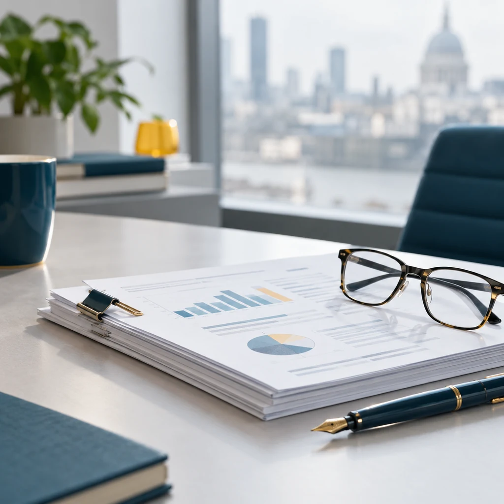 Stack of clipped reports, reading glasses and a pen on a desk