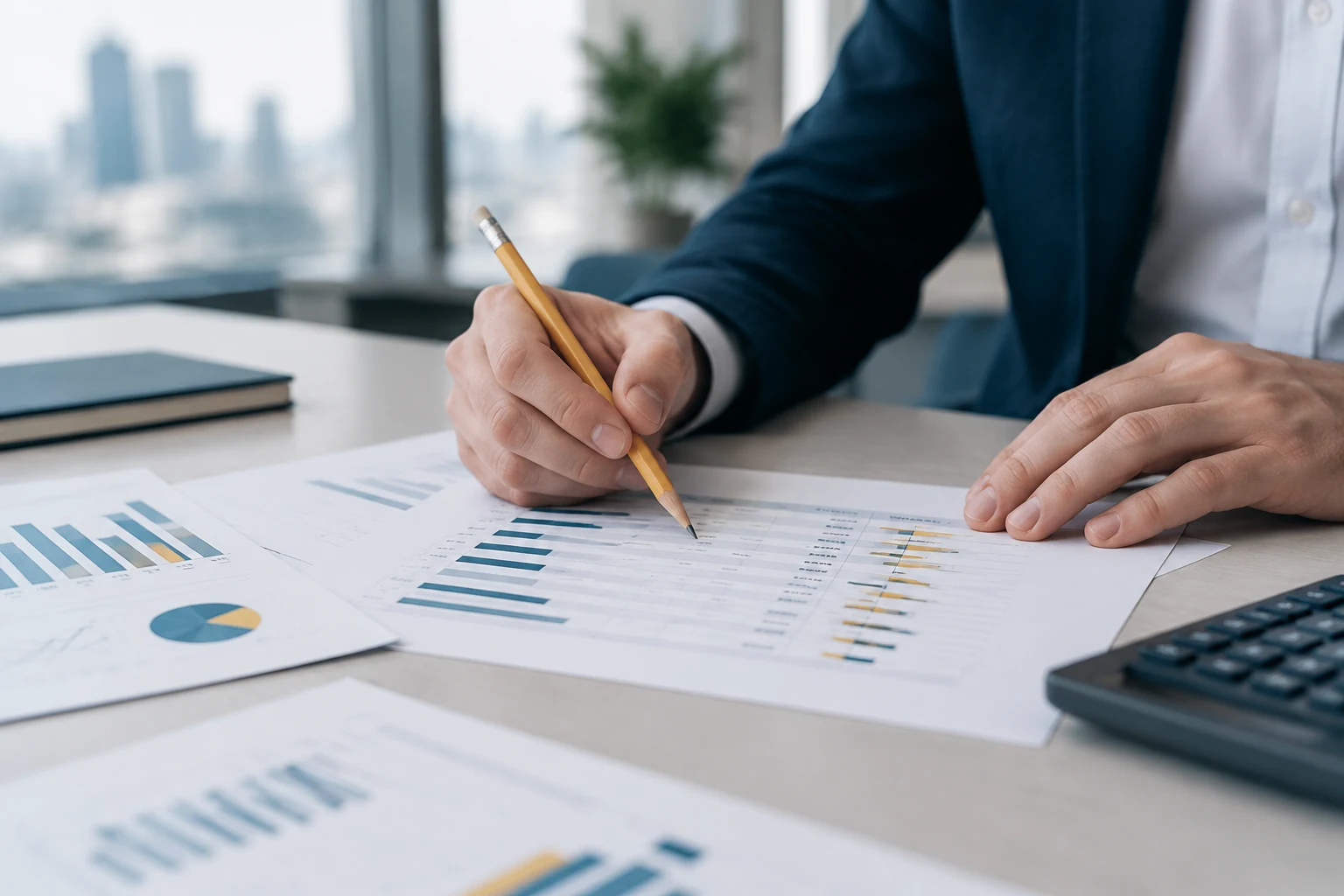 Hands annotating a printed budget versus actual table with a pencil