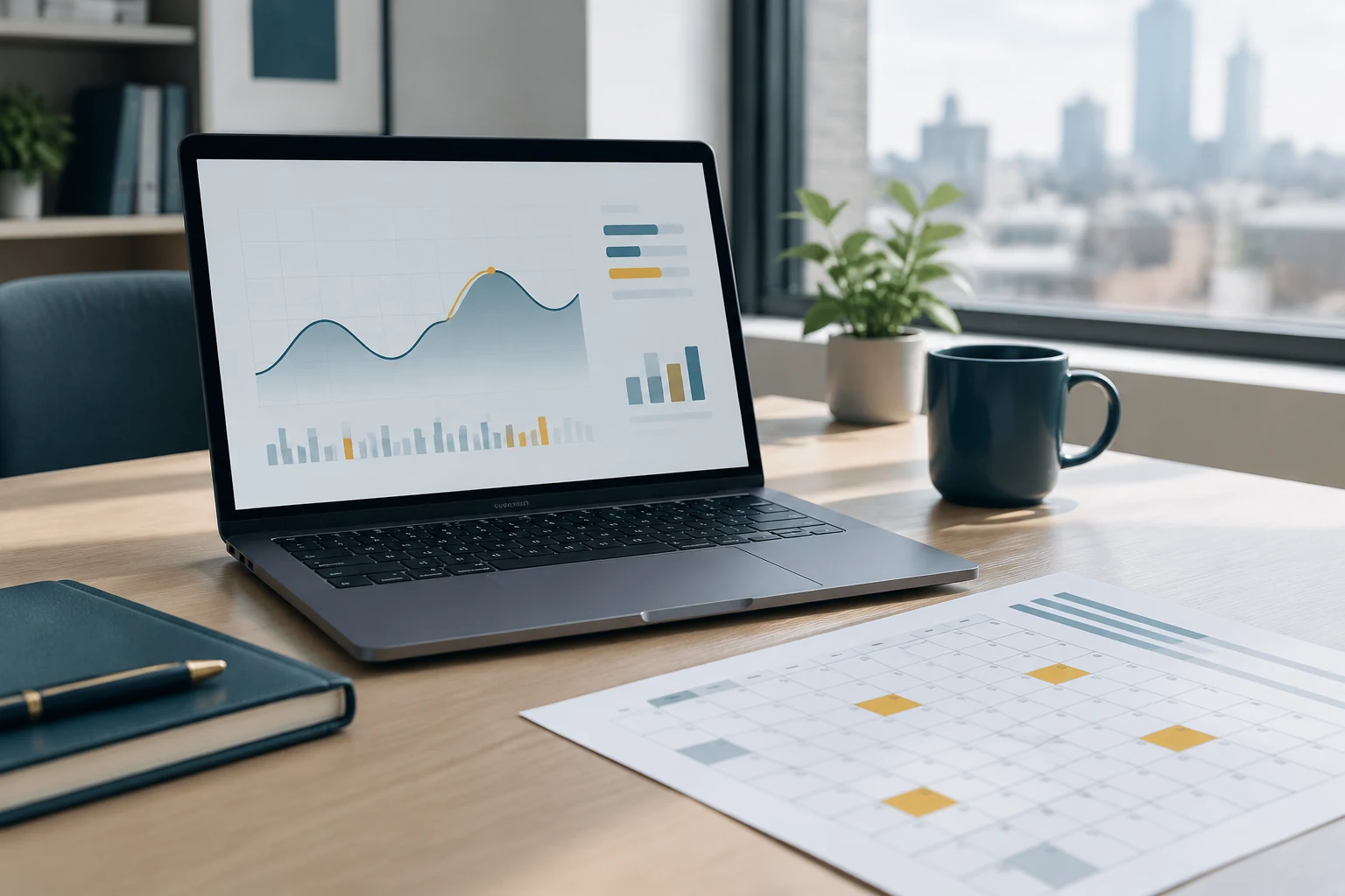 Laptop with a weekly cash flow chart beside a printed payment calendar