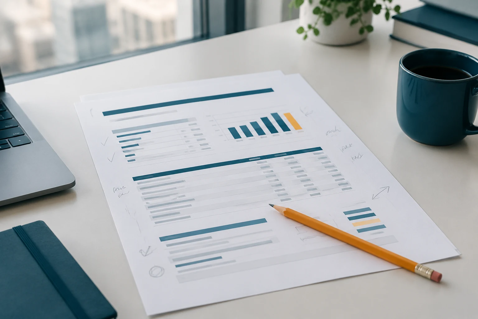 Printed profit and loss report with pencil notes in the margins